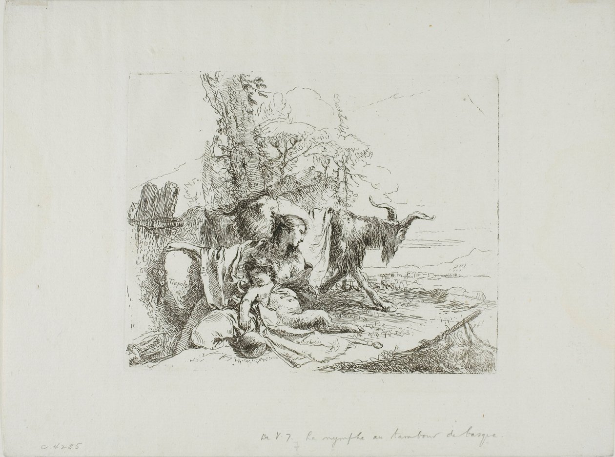 Nymfa s malým satyrem a dvěma kozami, od Capricci od Giambattista Tiepolo