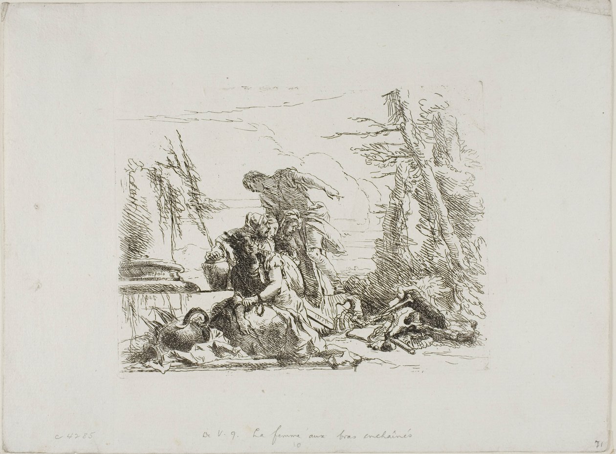 Žena s rukama v řetězech a čtyři další postavy, od Capricci od Giambattista Tiepolo