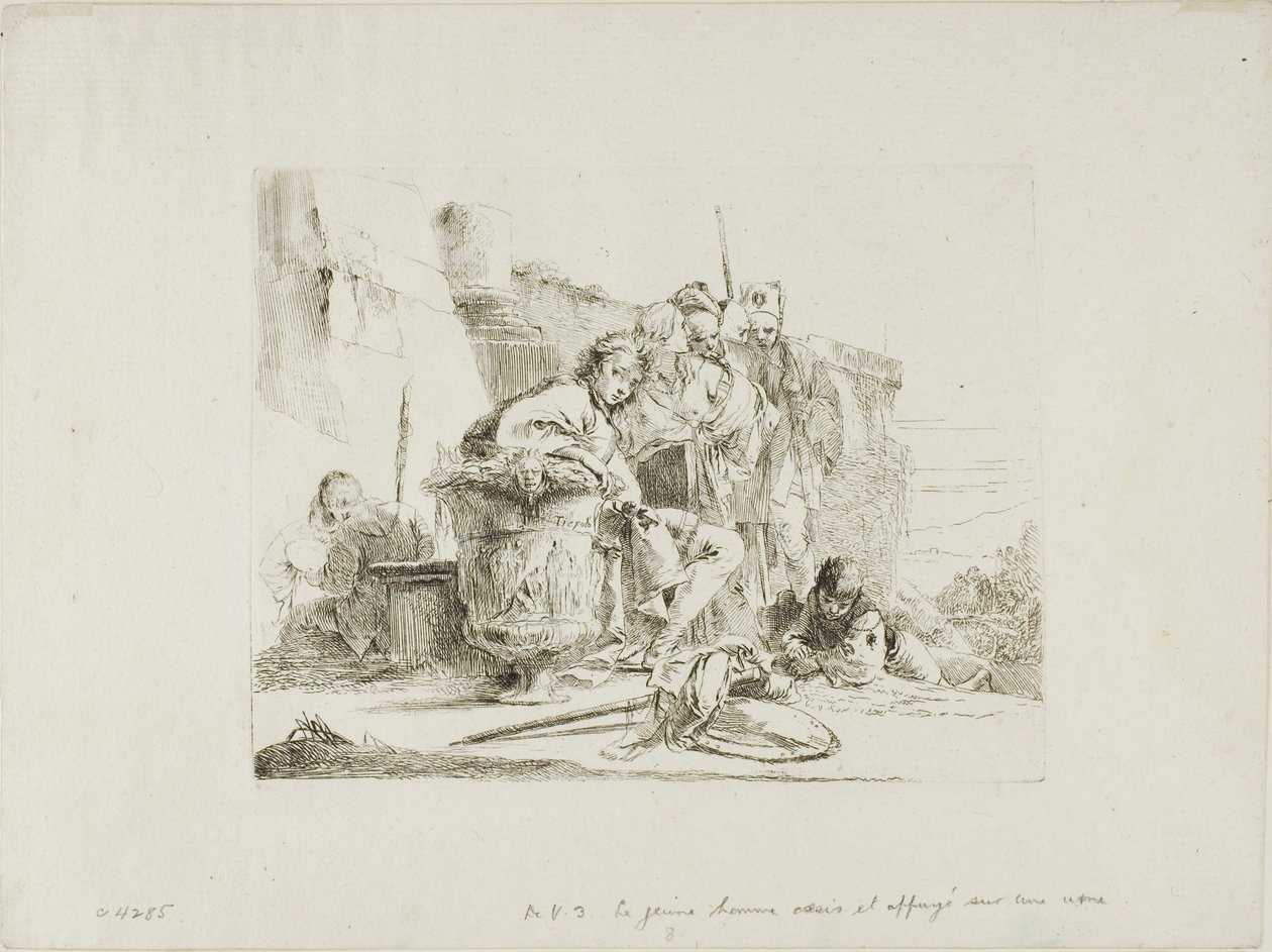 Sedící mládež opřená o urnu, od Capricci od Giambattista Tiepolo