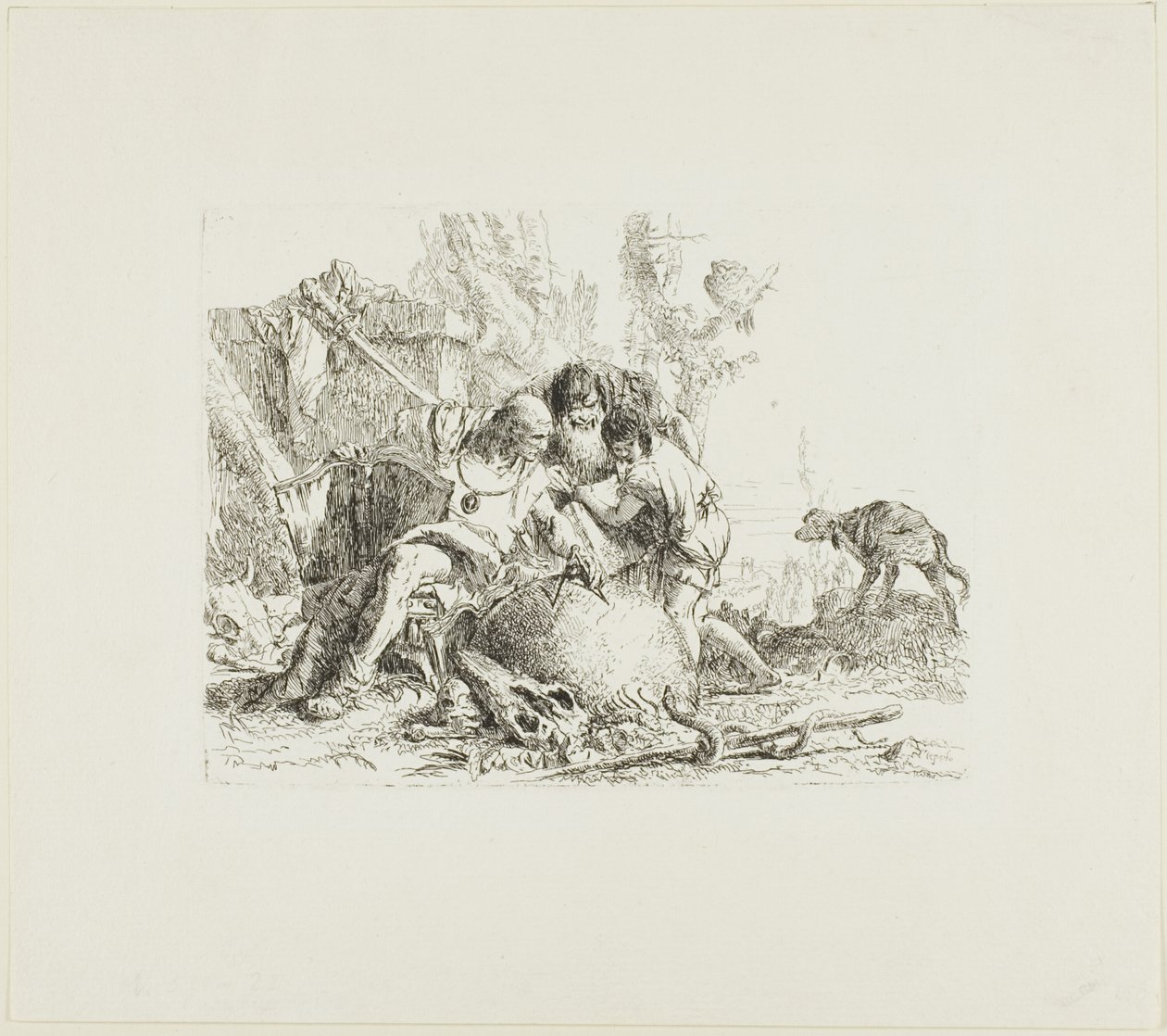 Dva kouzelníci a dítě ze Scherzi od Giambattista Tiepolo