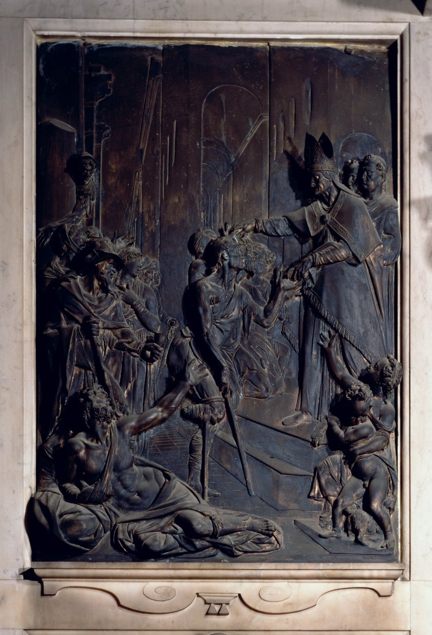 Svatý Antonín rozdává almužny, reliéf z kaple Salviati (bronz) od Giambologna