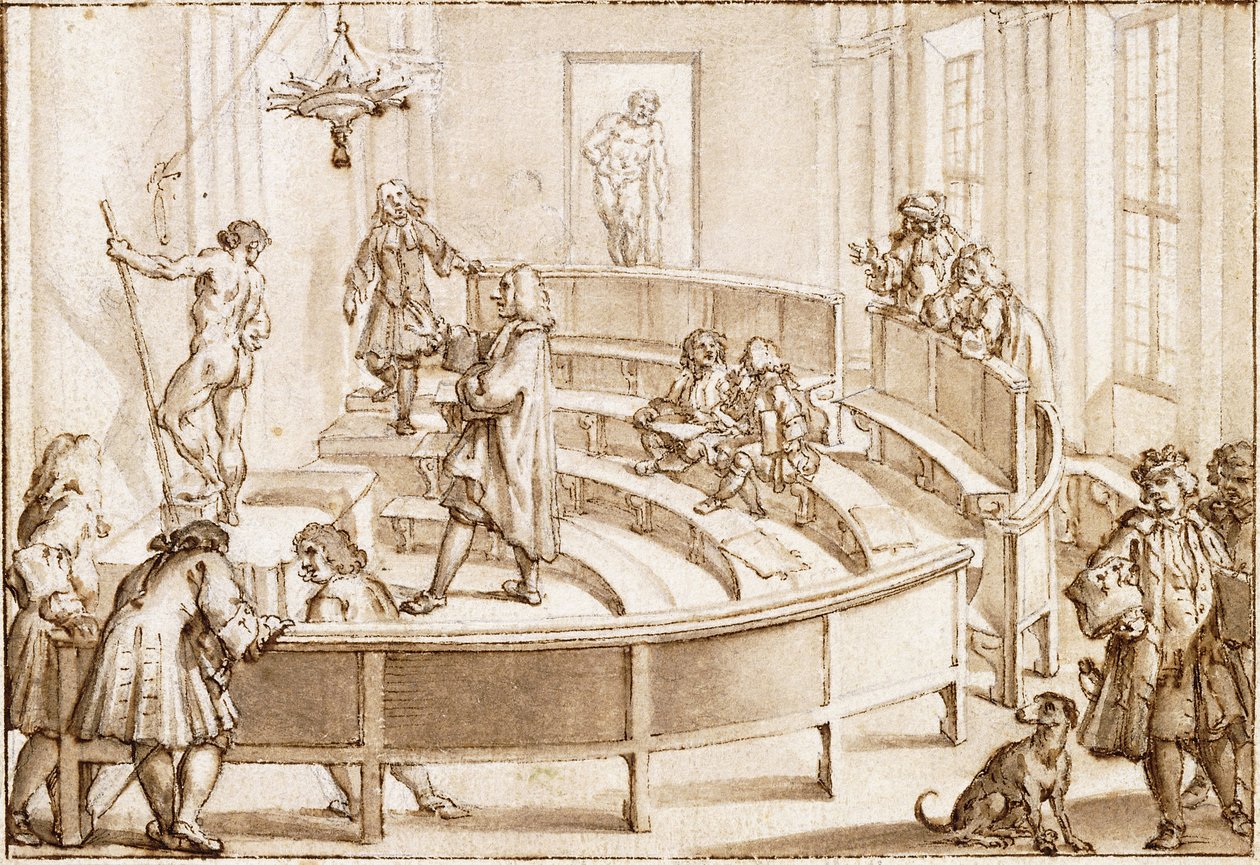 Akademie Clementina v Bologni, s nahým modelem v pozici určené mistrem kresby, v pozadí Farneseův Herkules (černá křída, pero a hnědý inkoust s hnědým lavírováním) od Giampietro Zanotti