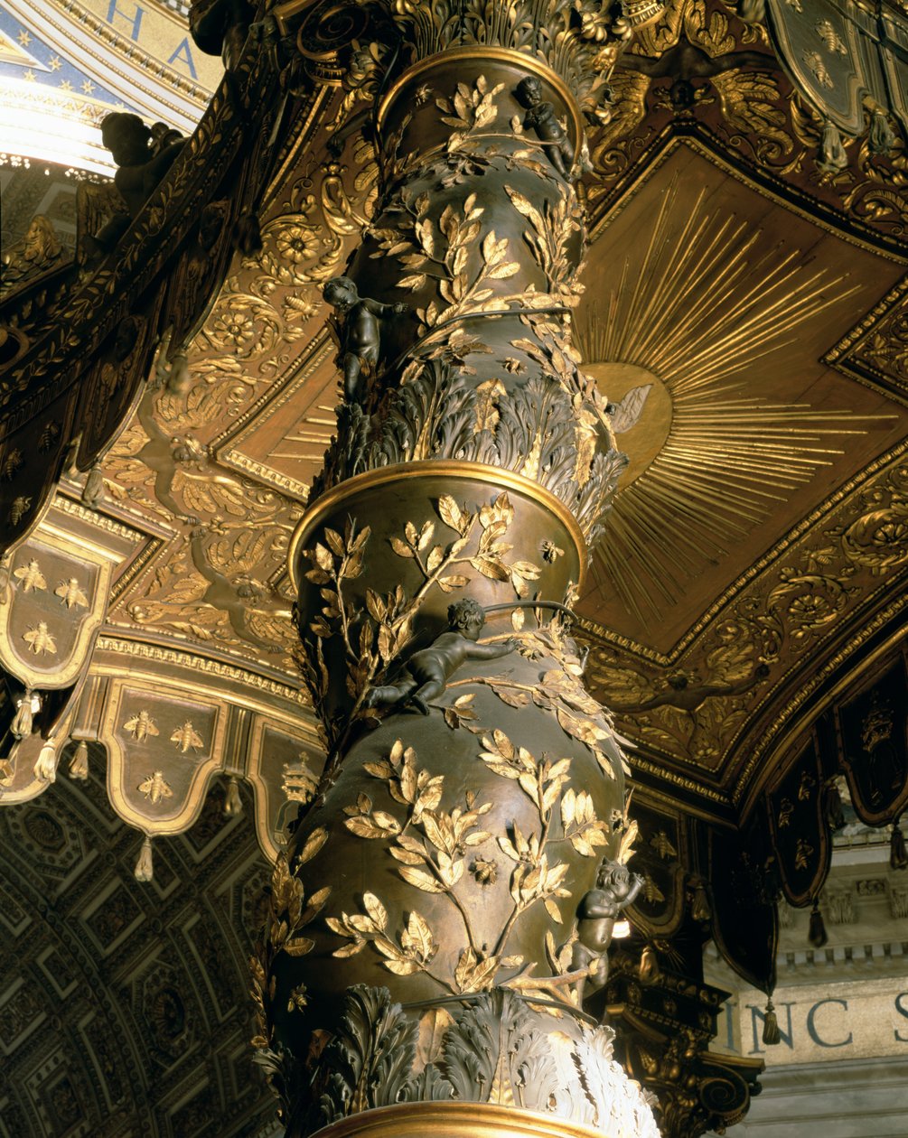 Ječmenný cukrový sloup z Baldacchina s vavřínovými listy a putti honícími včely, 1633 (bronz) od Gian Lorenzo Bernini