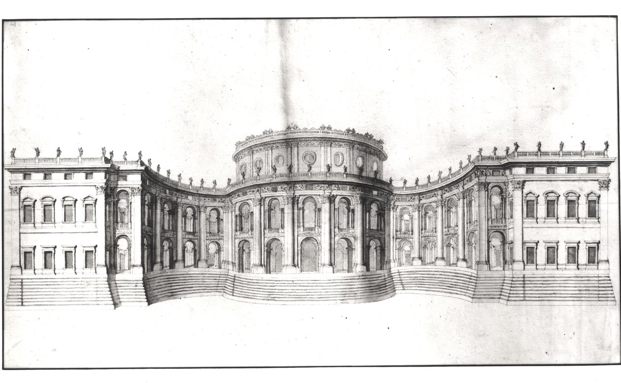 První projekt pro Louvre, nárys východní fasády, z „Recueil du Louvre“, svazek I fol. 4, 1664 (pero a inkoust a mytí na papíře) (viz 164014) od Gian Lorenzo Bernini