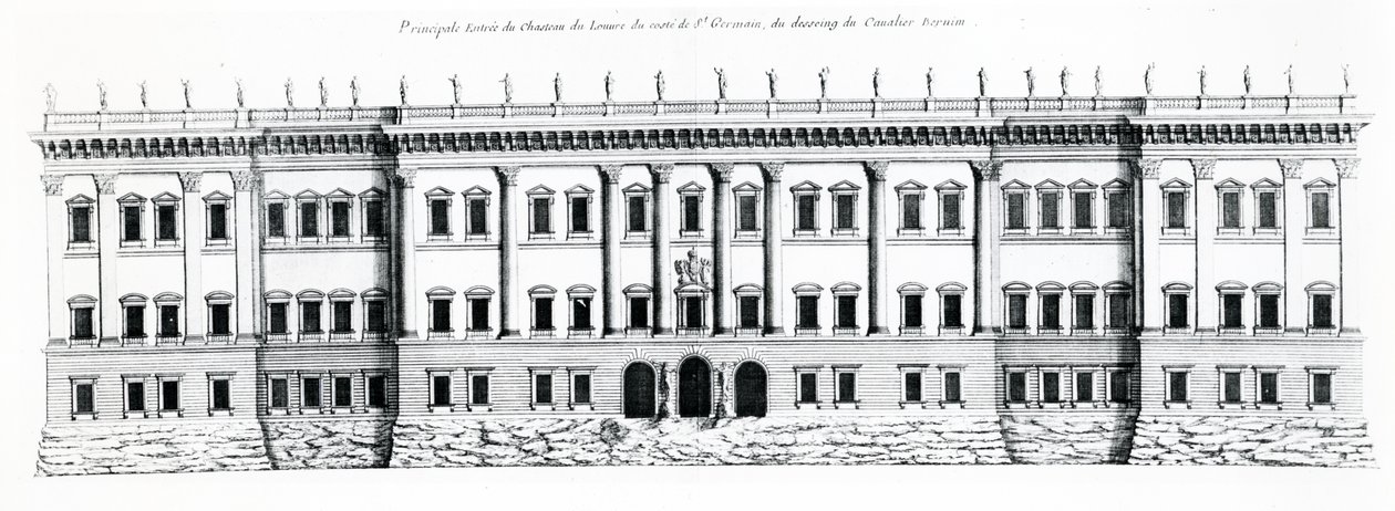 Třetí projekt pro Palais du Louvre, Paříž: Elevace východní fasády a hlavní vchod do paláce ze strany Saint Germain, 1665 od Gian Lorenzo Bernini