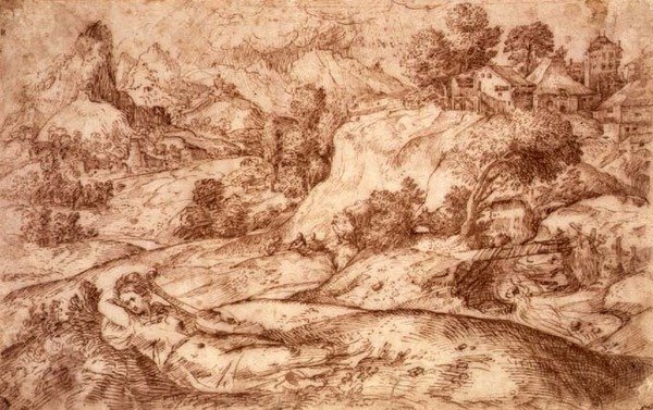 No.0955 Horská krajina s ležící ženskou postavou (pero a sépie na papíře) od Gian Battista (attr. to) Angolo del Moro