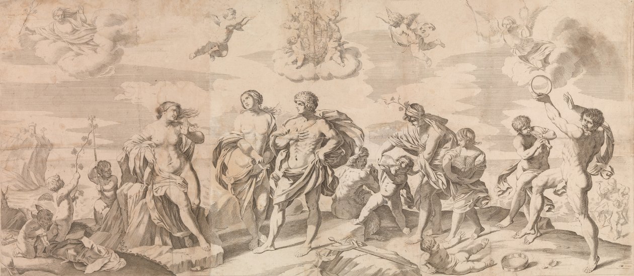 Bakchus se svými společníky objevil Ariadnu na ostrově Naxos, po Reni, 165..., 1650-80. od Gian Battista Bolognini