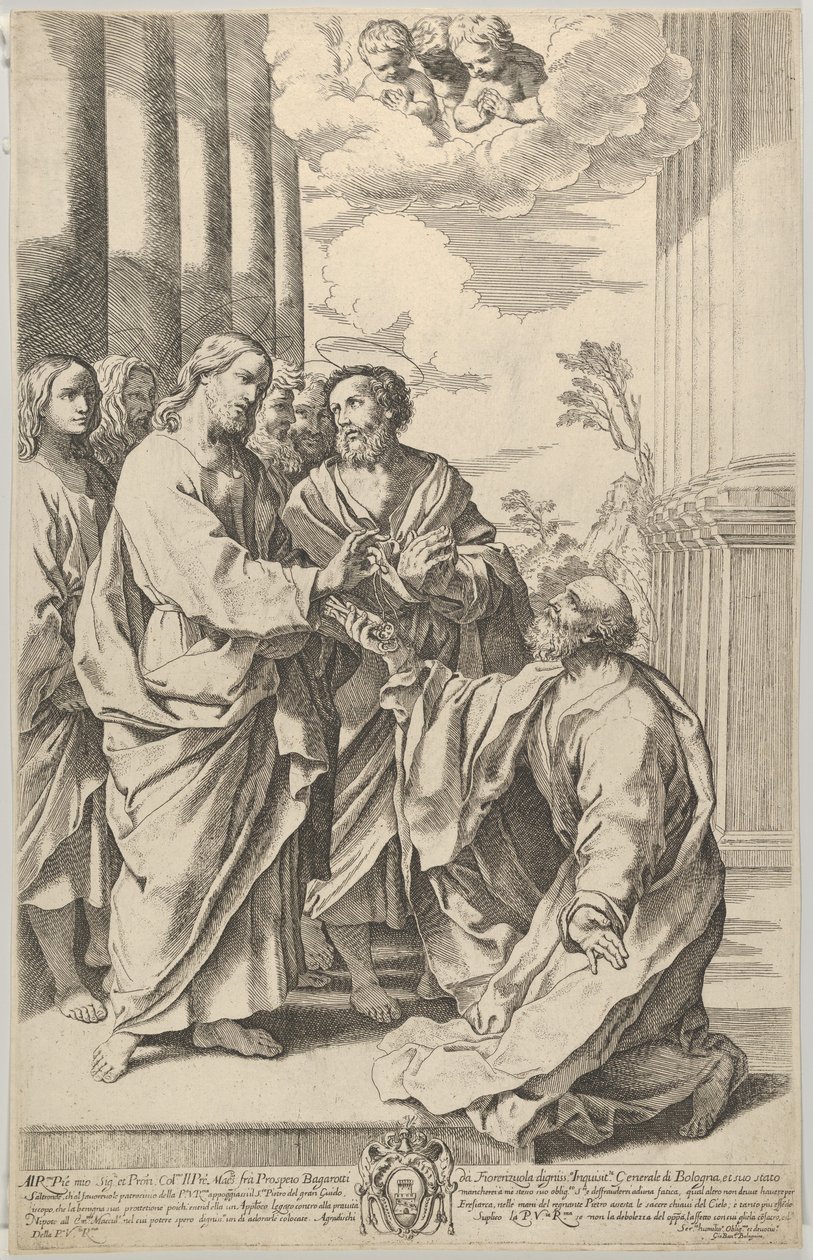 Kristus dává klíče od kostela svatému Petrovi, který před ním klečí, po Guidovi ..., 1640-70. od Gian Battista Bolognini