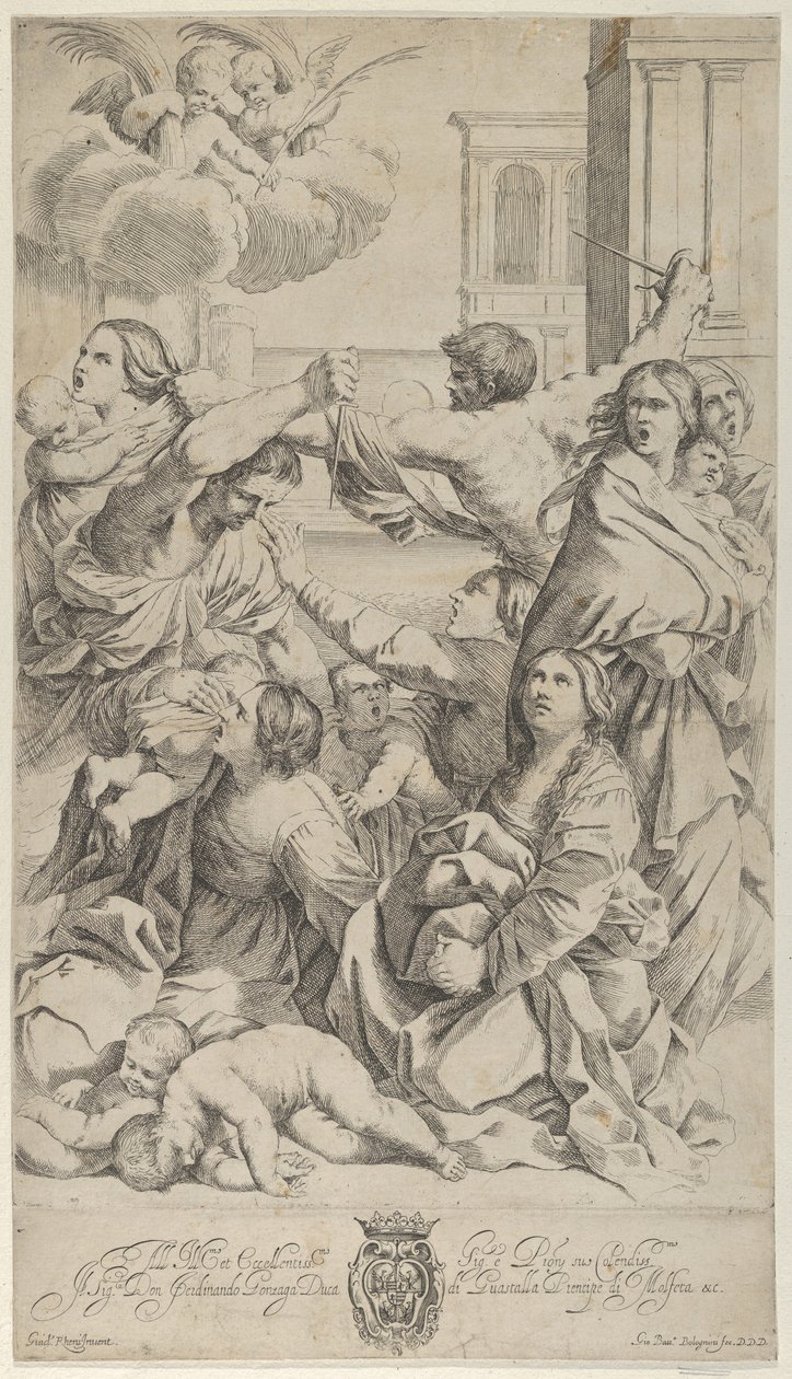Masakr neviňátek, skupina napadených žen a dětí, dva andělé a..., ca. 1640-70. od Gian Battista Bolognini