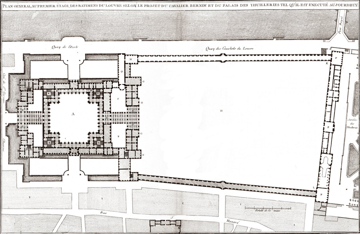 Obecný plán navazující na Berninův projekt pro Louvre a Tuileries ve „Francoise Architecture““ od Jacquese-Francoise Blondela od Gian Lorenzo (after) Bernini