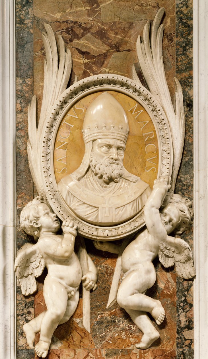 San Marco, reliéf od Gian Lorenzo Bernini (1598-1680), detail mramorové výzdoby podél sloupů hlavní uličky, bazilika svatého Petra, Řím, Vatikán od Gian Lorenzo Bernini