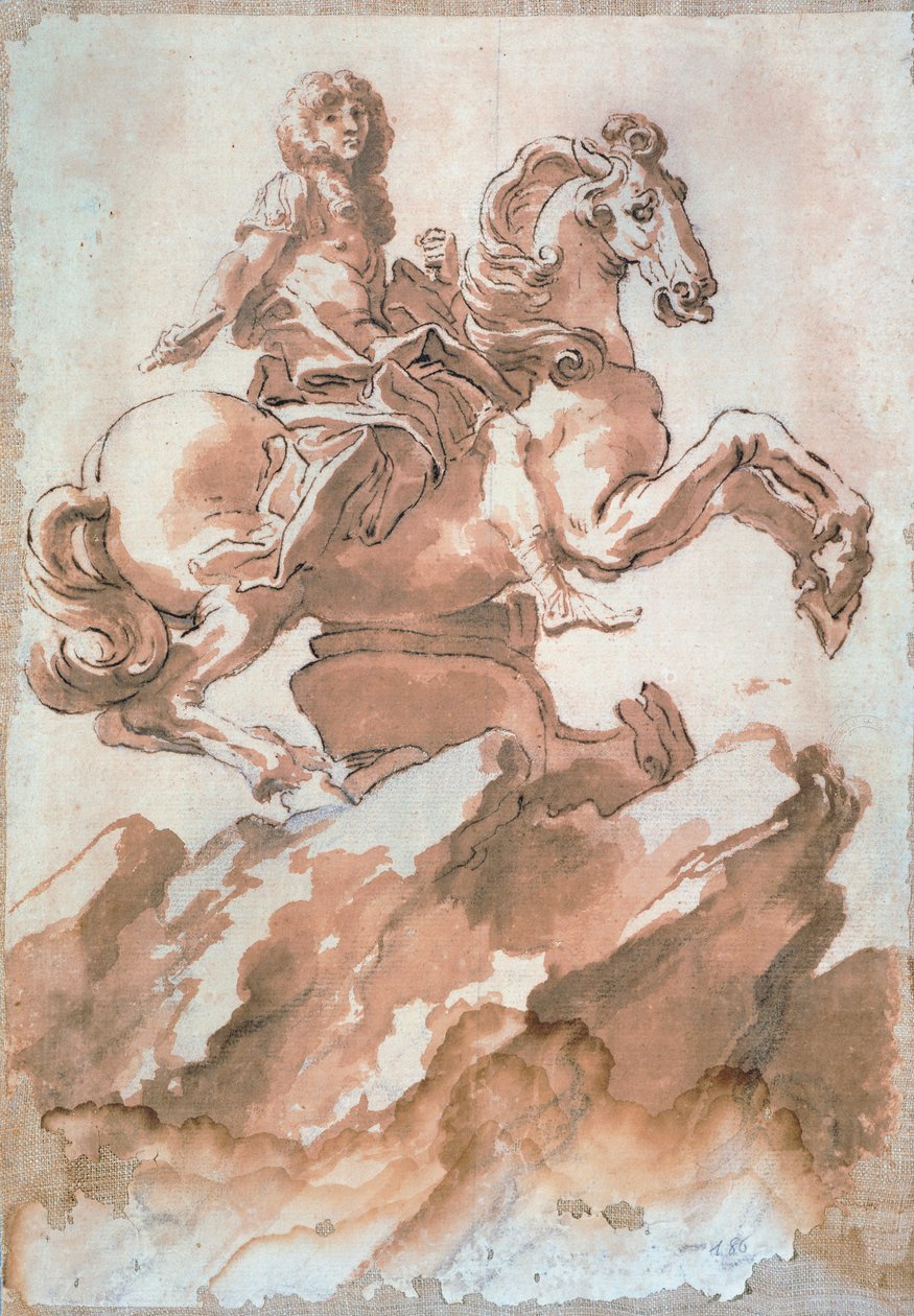 Skica pro Ludvíka XIV. na koni od Gian Lorenzo Bernini (1598-1680), kresba perem a inkoustem od Gian Lorenzo Bernini