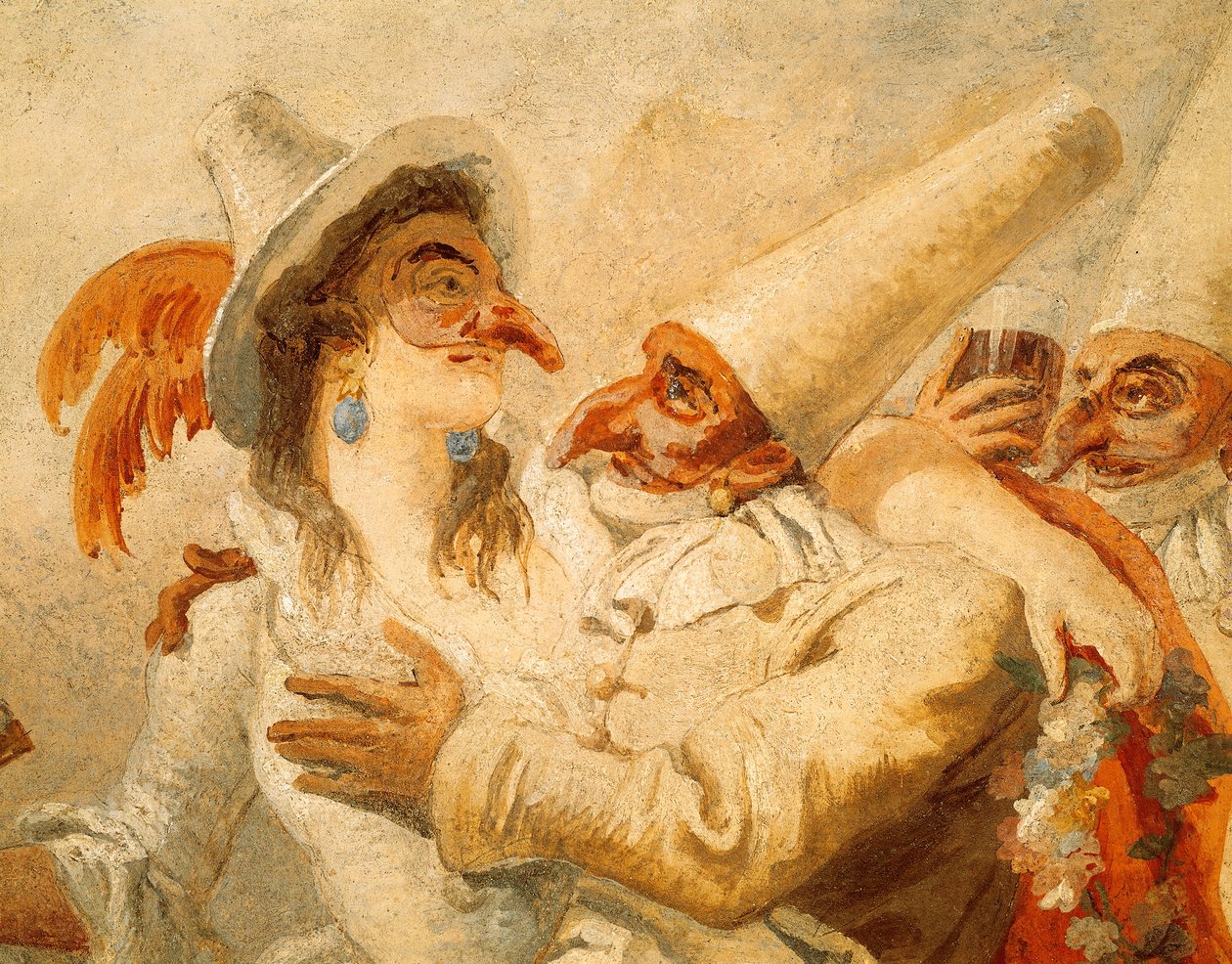 Karneval od Giandomenico Tiepolo (1727-1804), freska, detail se třemi maskami, Ca 