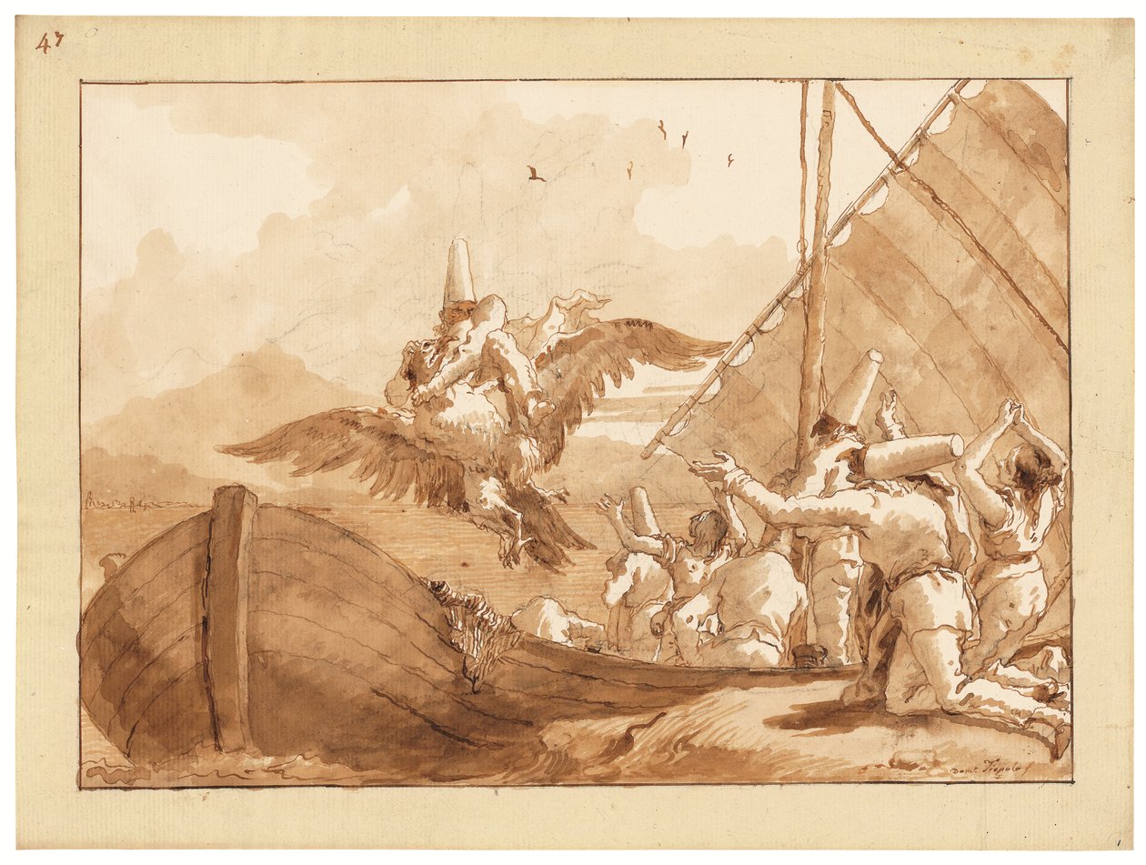 Punchinello unesený orlem (křída, pero a inkoust a mytí na papíře) od Giandomenico (1727 1804) Tiepolo