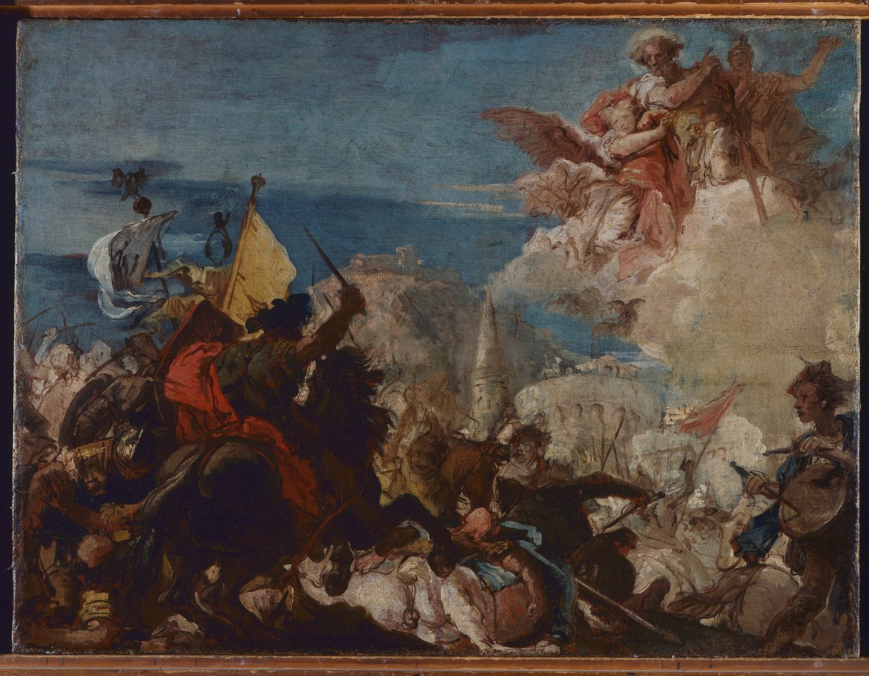 Svatí Faustinus a Jovita se objevují v obraně Brescie pod útokem Niccolò Piccinina v roce 1438 od Giovanni Domenico Tiepolo