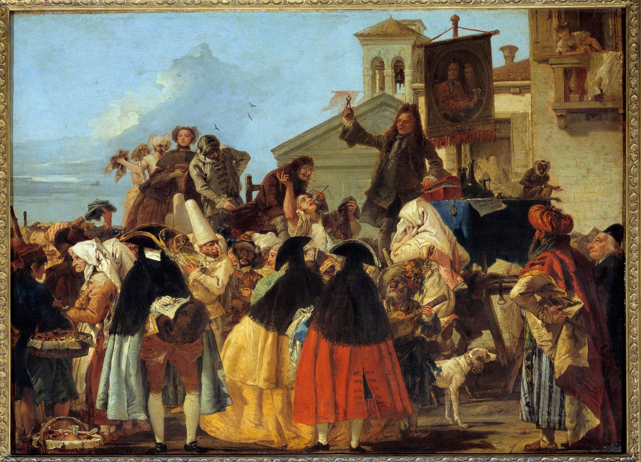 Zubař odstraňuje zub a máchá s ním jako s trofejí na karnevalu v Benátkách. Obraz Giovanni Domenico Tiepolo (Giandomenico Tiepolo) (1727-1804) 1754. Ne 1,1x0,8 m od Giovanni Domenico Tiepolo