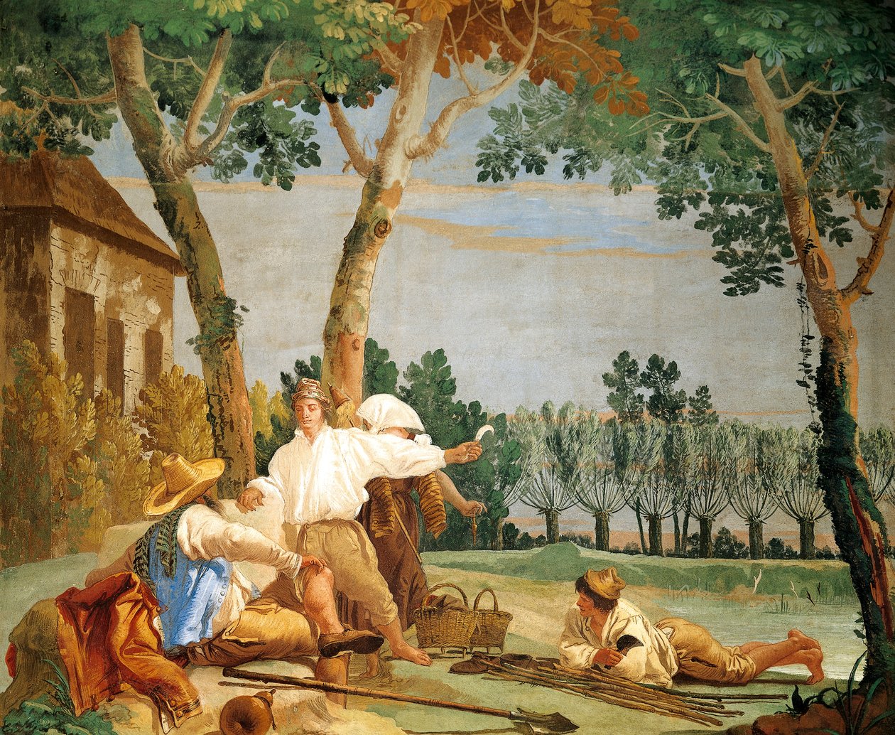Rolníci v klidu, od Giandomenico Tiepolo (1727-1804), freska, Pokoj rustikálních scén v Foresteria (penzion), Villa Valmarana 