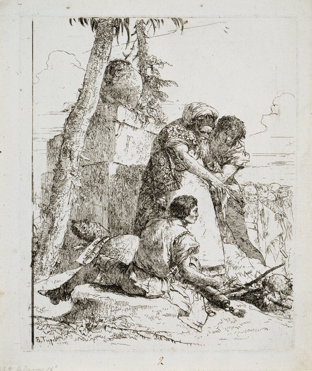 Kouzelník ukazuje na hořící hlavu dvěma mladíkům, c. 40. léta 18. století od Giovanni Domenico Tiepolo
