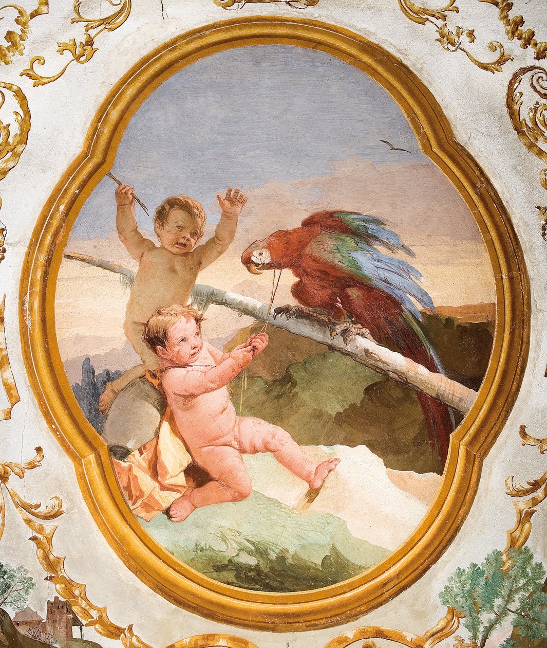 Putti s papouškem, z pokoje Putti ve Foresteria (dům pro hosty) 1757 od Giovanni Domenico Tiepolo