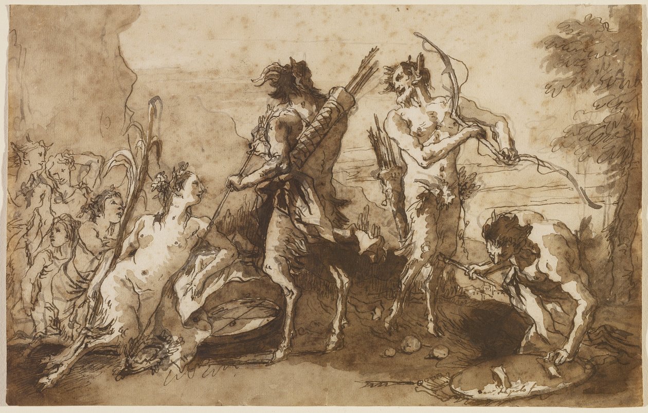 Satyrs and Satyresses in a Landscape, cca 1770 (pero a železný inkoust s hnědou a šedou barvou na položeném papíře) od Giovanni Domenico Tiepolo
