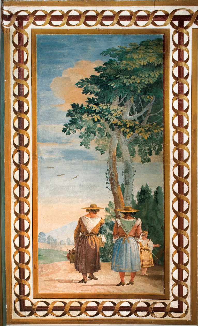 Tři rolníci při pohledu zezadu, z pokoje rustikálních scén, v Foresterii, 1757 od Giovanni Domenico Tiepolo