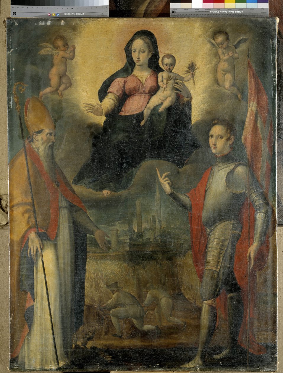 Madone a dítě se svatými Mercuriale (patron města Forli) a Valeriano (olej na panelu) od Gianfrancesco Modigliani