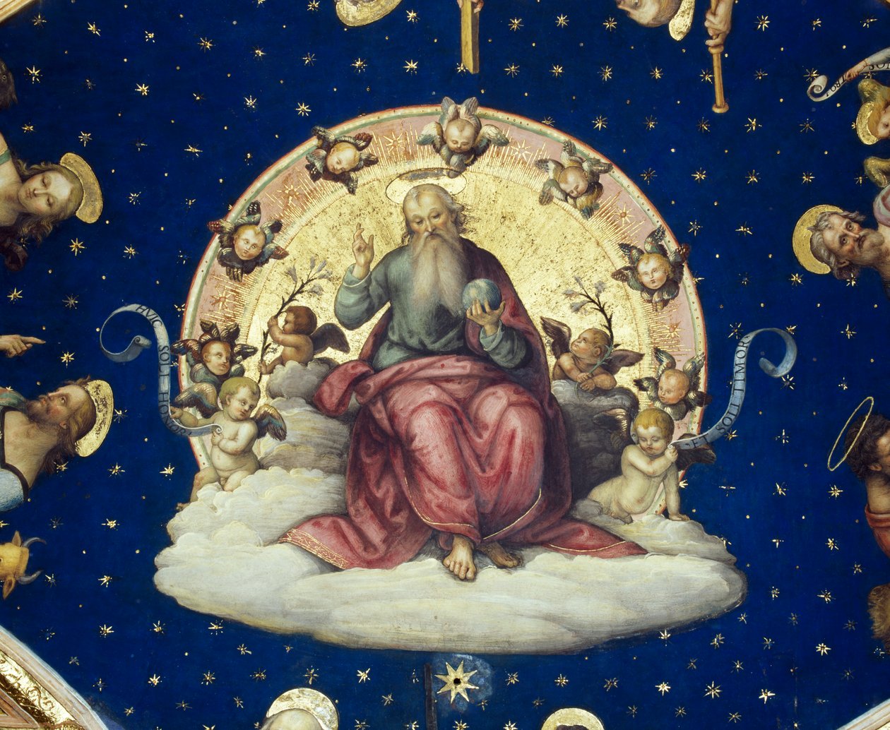 Benedictory Bůh sedící ve slávě, detail ze scény z Příběhů života svatého Jana Křtitele od Giannicola di Paolo