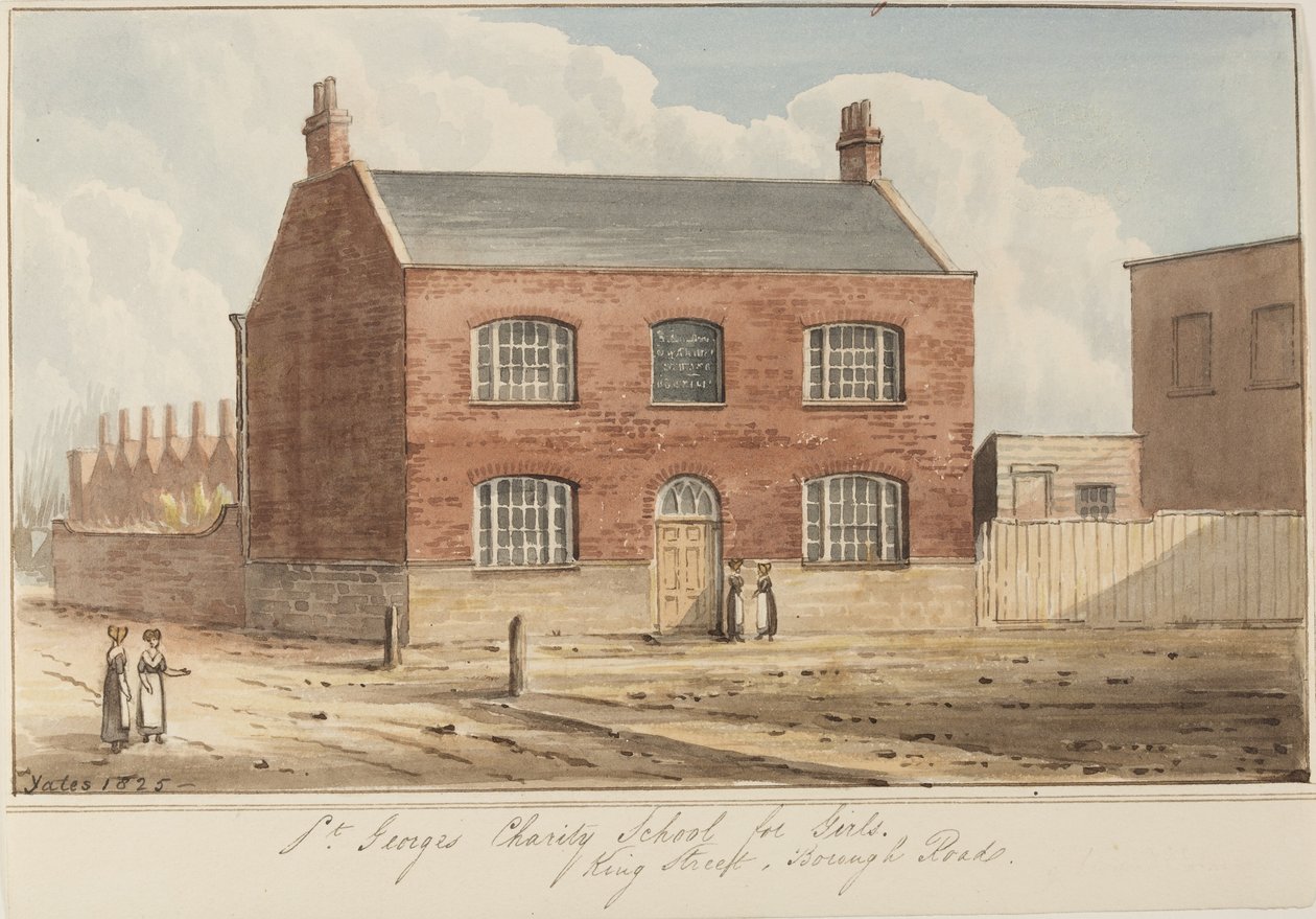 Pohled na dívčí charitativní školu St Georges na King Street, Southwark. King Street je nyní známá jako Newcomen Street, 1825 (wc na papíře) od Gideon Yates