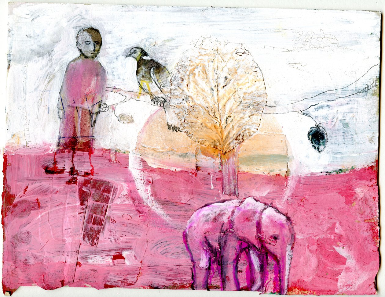 Holub hřivnáč a slon, 2014 (kombinovaná média) od Gigi Sudbury