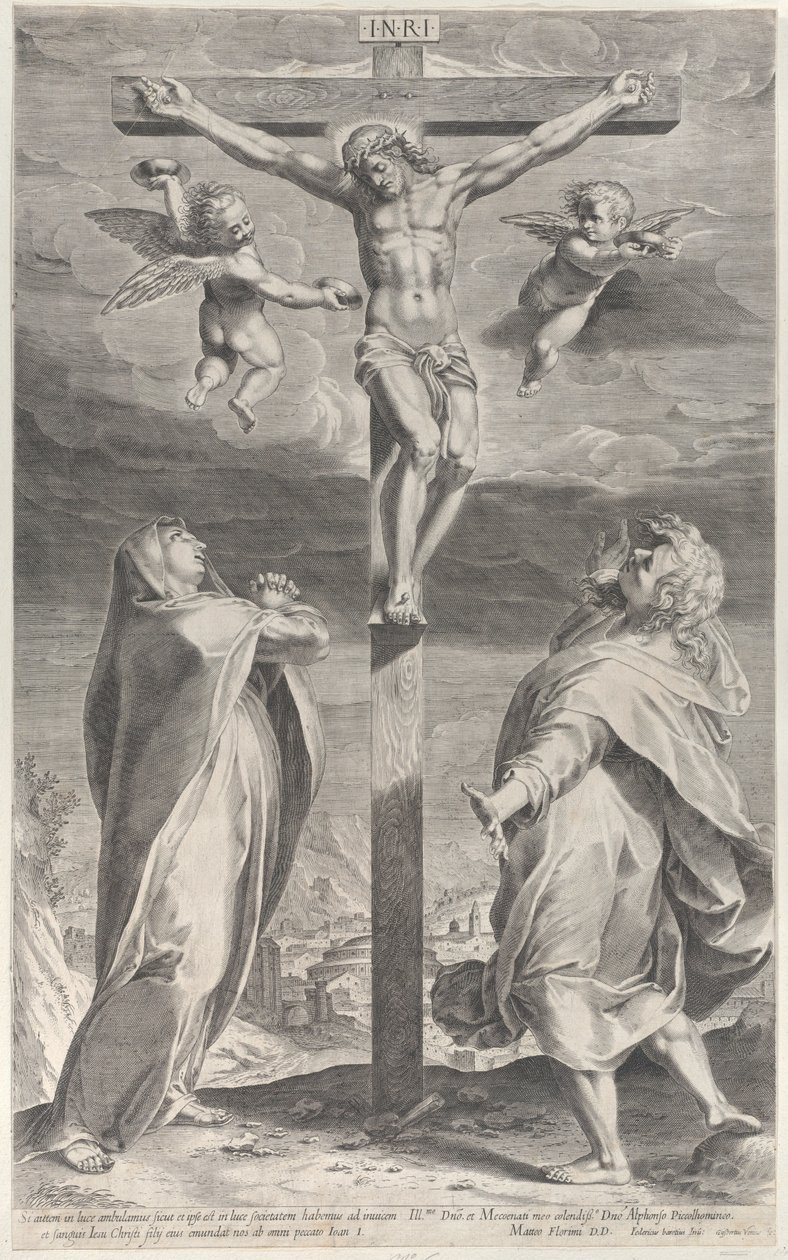 Ukřižování s Pannou Marií a svatým Janem Evangelistou, andělé nad hlavou, ca. 1593, ca. 1593 od Gijsbert Van Veen