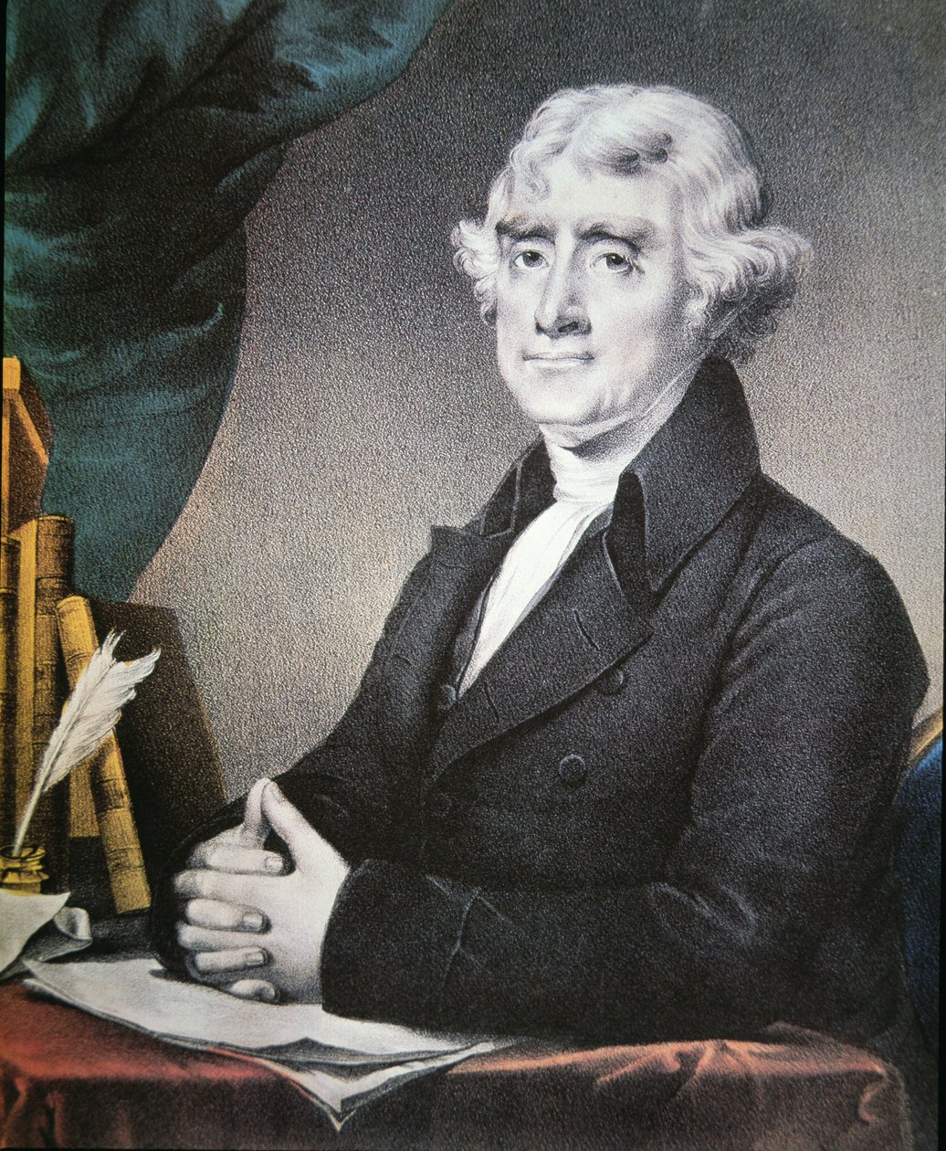 Thomas Jefferson (1743-1826) publikoval Nathaniel Currier (1813-88) (barevné lito) od Gilbert (after) Stuart