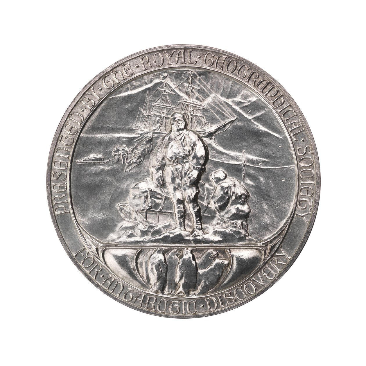 Medaile Královské geografické společnosti: (stříbrná): Scottova antarktická expedice 1902-1904, cca 1904 (stříbrná) od Gilbert Bayes