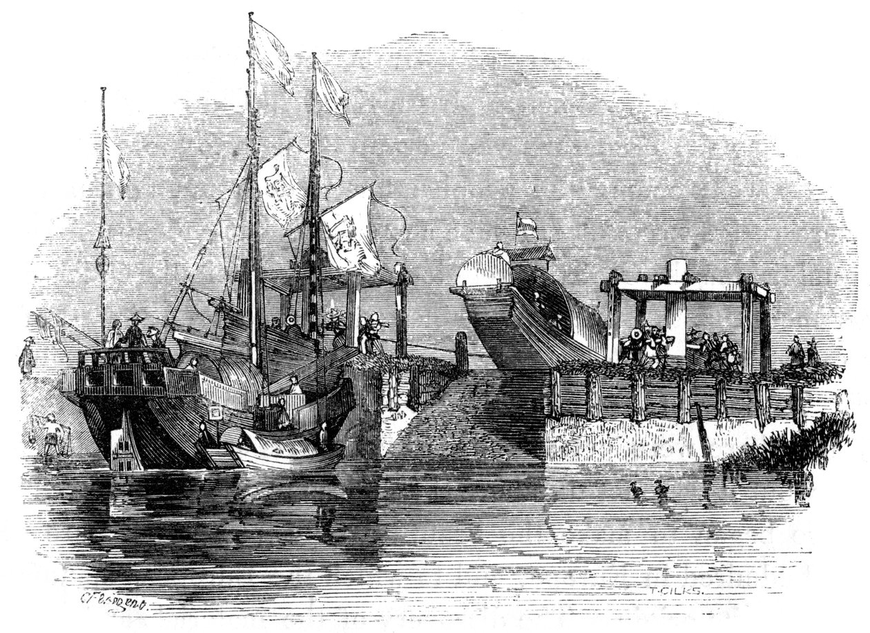 Loď tažená přes propust nebo zdymadlo na kanálu, 1847 od Giles