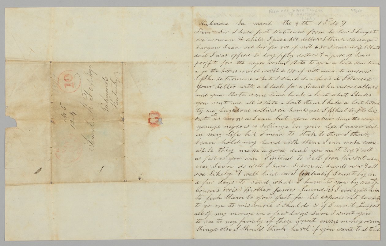 Dopis Samuelu Foxovi od Gilese Saunderse týkající se obchodu s otroky, 9. března 1847. od Giles Saunders