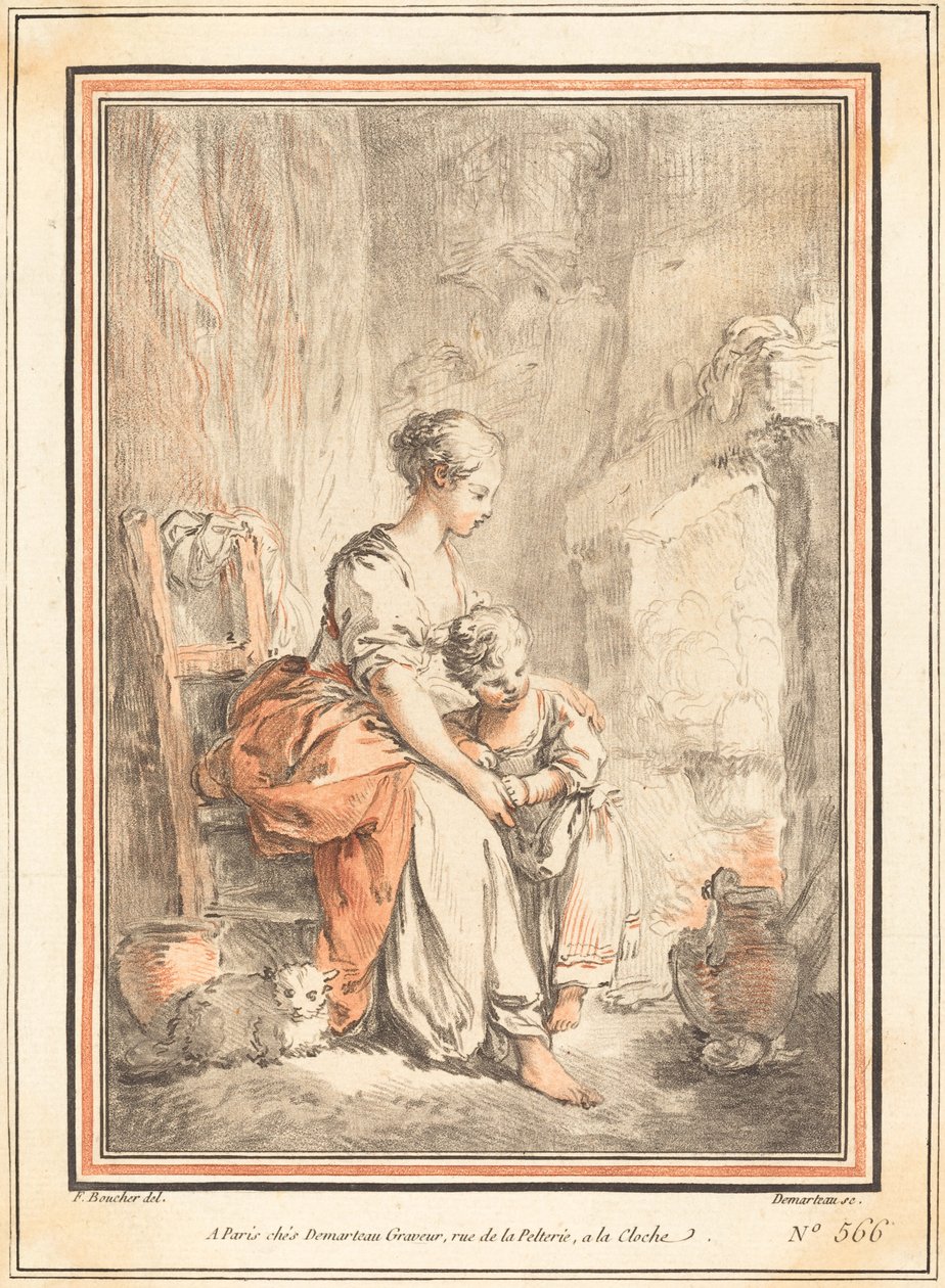 Žena a dítě před krbem od Gilles Antoine Demarteau after François Boucher