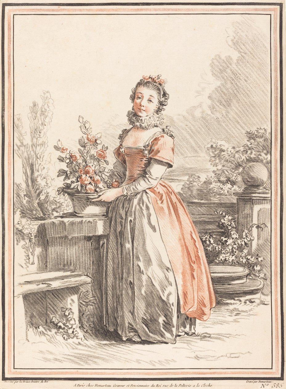 Mladá žena stojící v parku od Gilles Antoine Demarteau after Jean Baptiste Le Prince