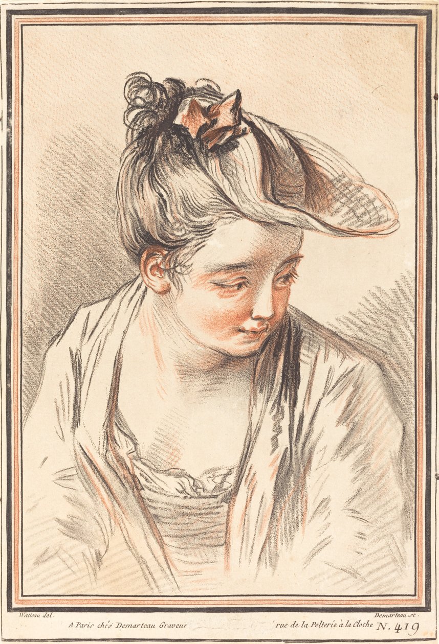 Hlava mladé ženy od Gilles Demarteau, the Elder after Antoine Watteau