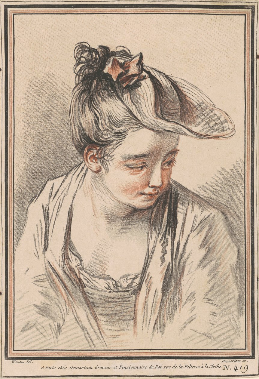 Hlava mladé ženy v klobouku od Gilles Demarteau the Elder after Antoine Watteau