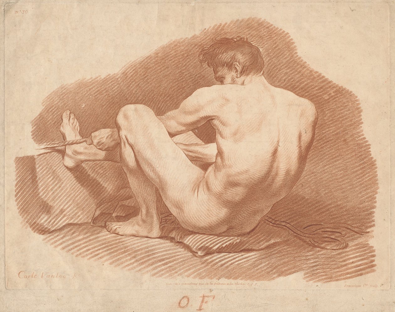 Sedící nahý muž, při pohledu zezadu, tahání lana od Gilles Demarteau, the Elder after Carle Van Loo