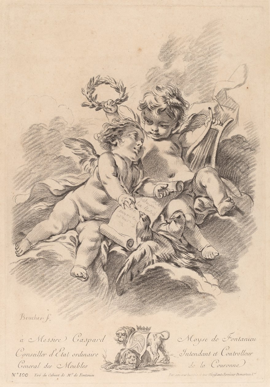 Alegorie hudby se dvěma cherubíny a holubicemi (100) od Gilles Demarteau the Elder after François Boucher