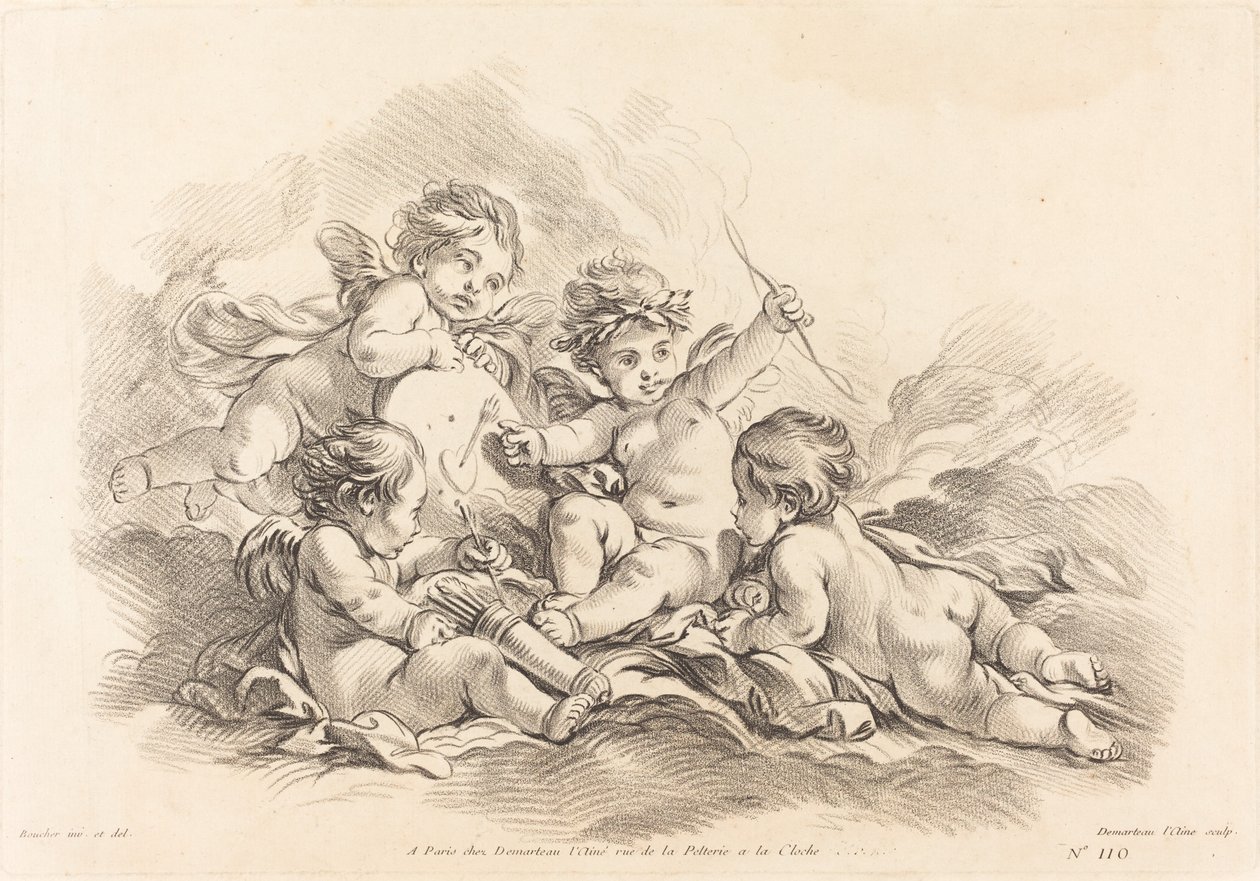 Čtyři cherubové v cílovém cvičení od Gilles Demarteau, the Elder after François Boucher