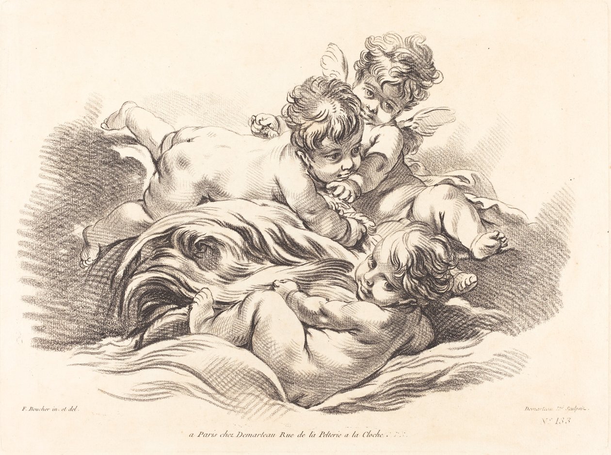 Tři cherubové hrají na delfín jako vlna od Gilles Demarteau, the Elder after François Boucher