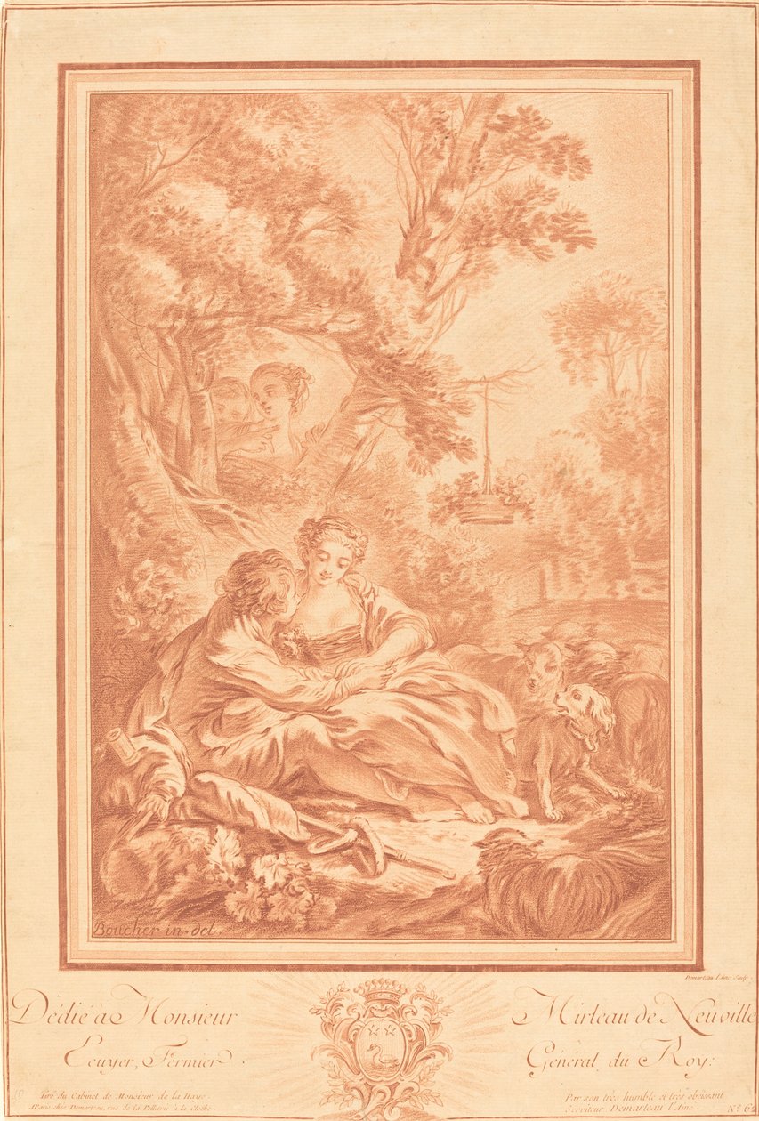 Dva milenci sedící u paty velkého stromu, překvapeni dvěma dívkami od Gilles Demarteau, the Elder after François Boucher