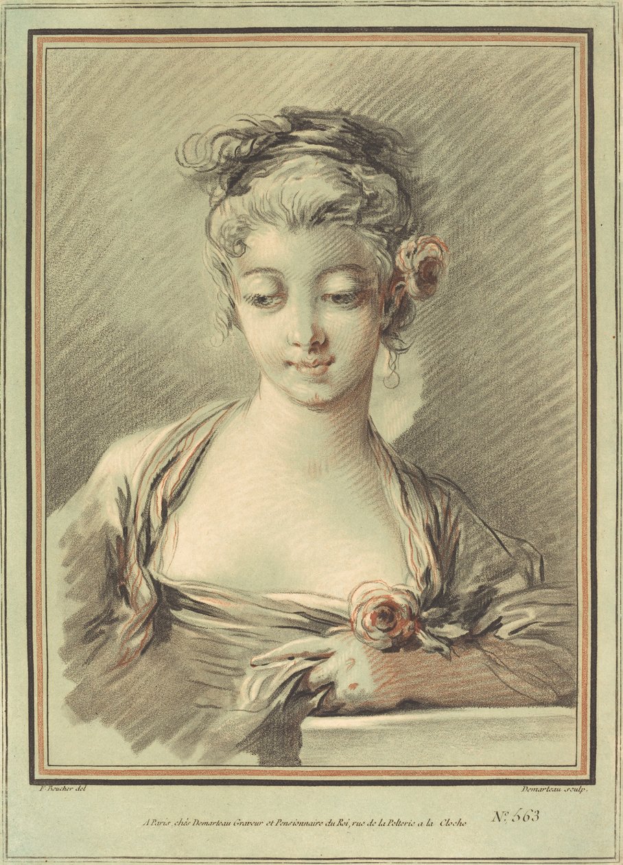Mladá žena s růží od Gilles Demarteau, the Elder after François Boucher