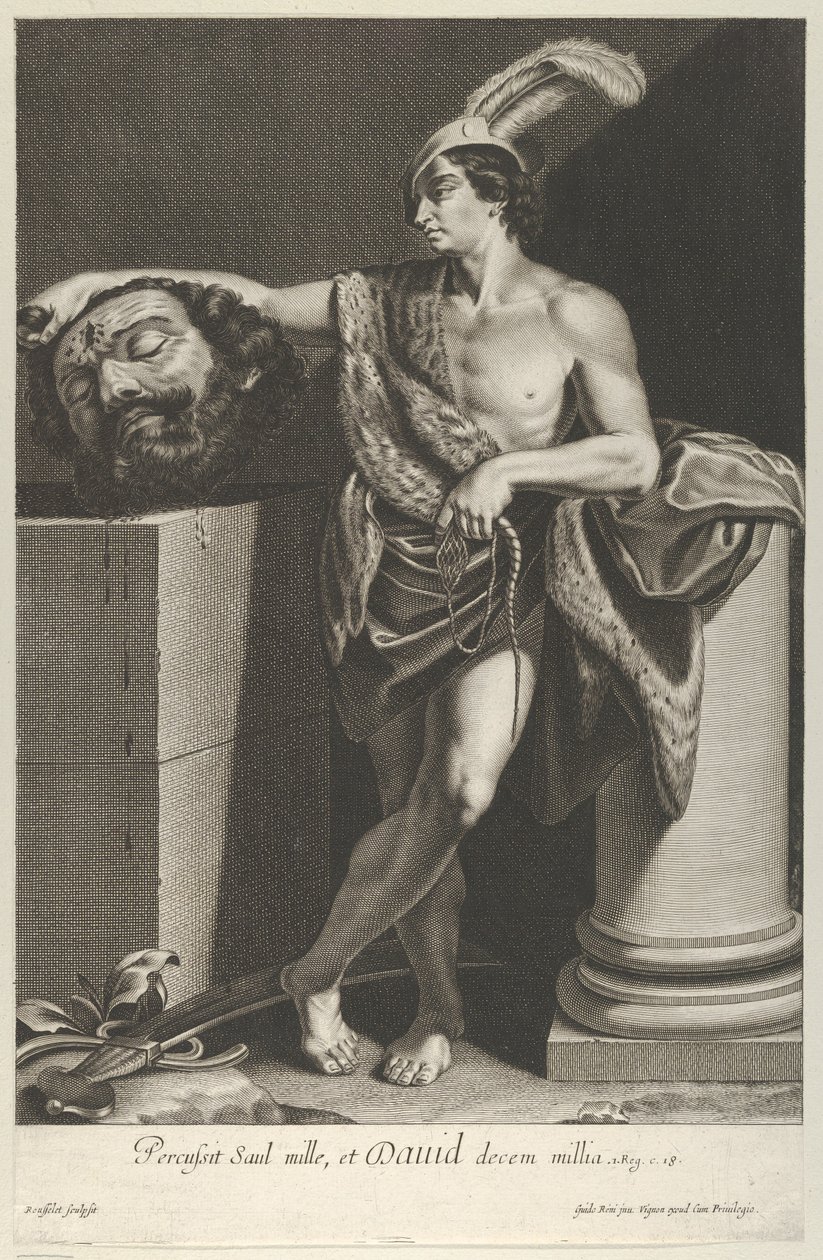 David stojící se zkříženýma nohama a držící hlavu Goliáše na podstavci v l..., ca. 1635-45. od Gilles Rousselet