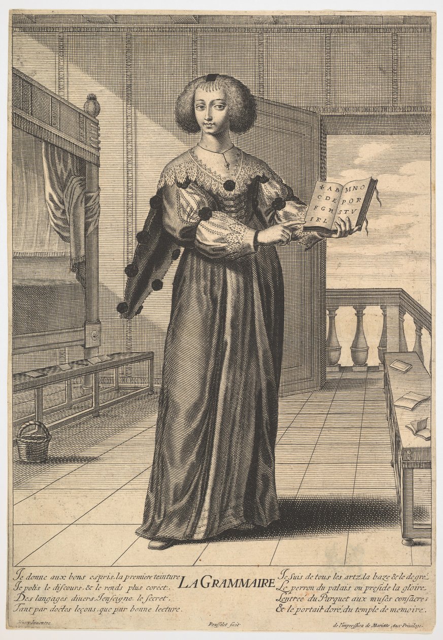 Gramatika: mladá žena stojící ve vyzdobeném interiéru držící v levici otevřenou knihu..., 1633-35. od Gilles Rousselet