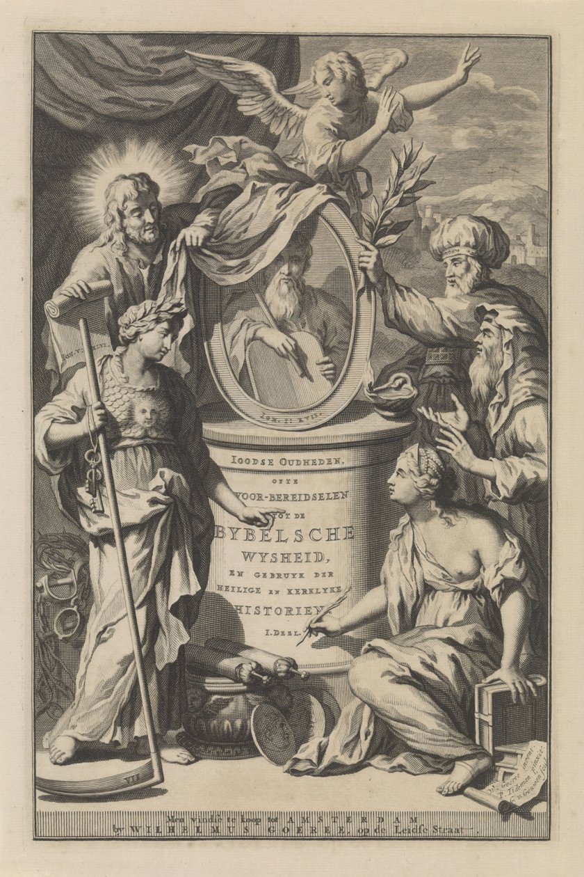 Biblické postavy odhalují portrét Mojžíše Titulní strana pro Wilhelmus Goeree, Přípravy na biblickou moudrost a použití posvátných a církevních dějin, 1690 od Gilliam van der Gouwen