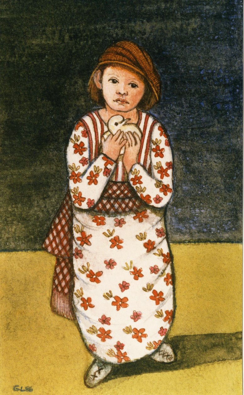 Dívka s holubicí, 1986 (akvarel na papíře) od Gillian Lawson
