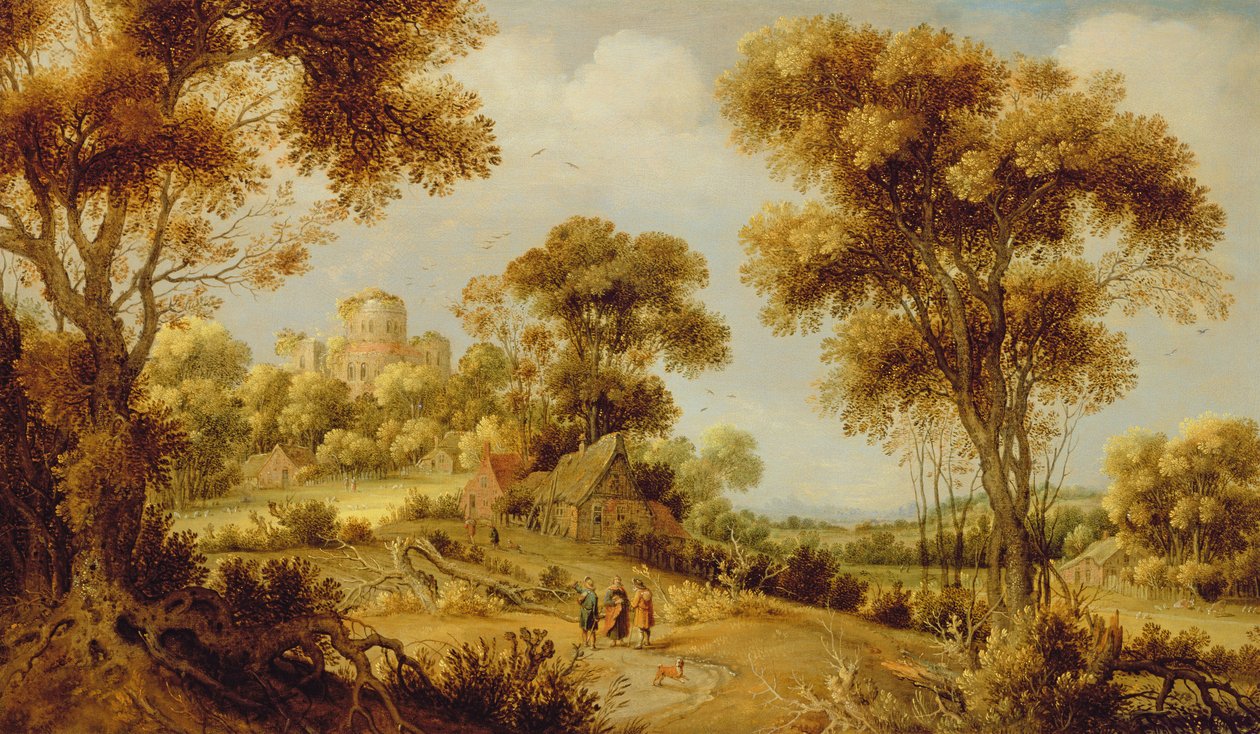 Rozsáhlá zalesněná krajina s Kristem na cestě do Emauz, c.1609-29 od Gillis Claesz d