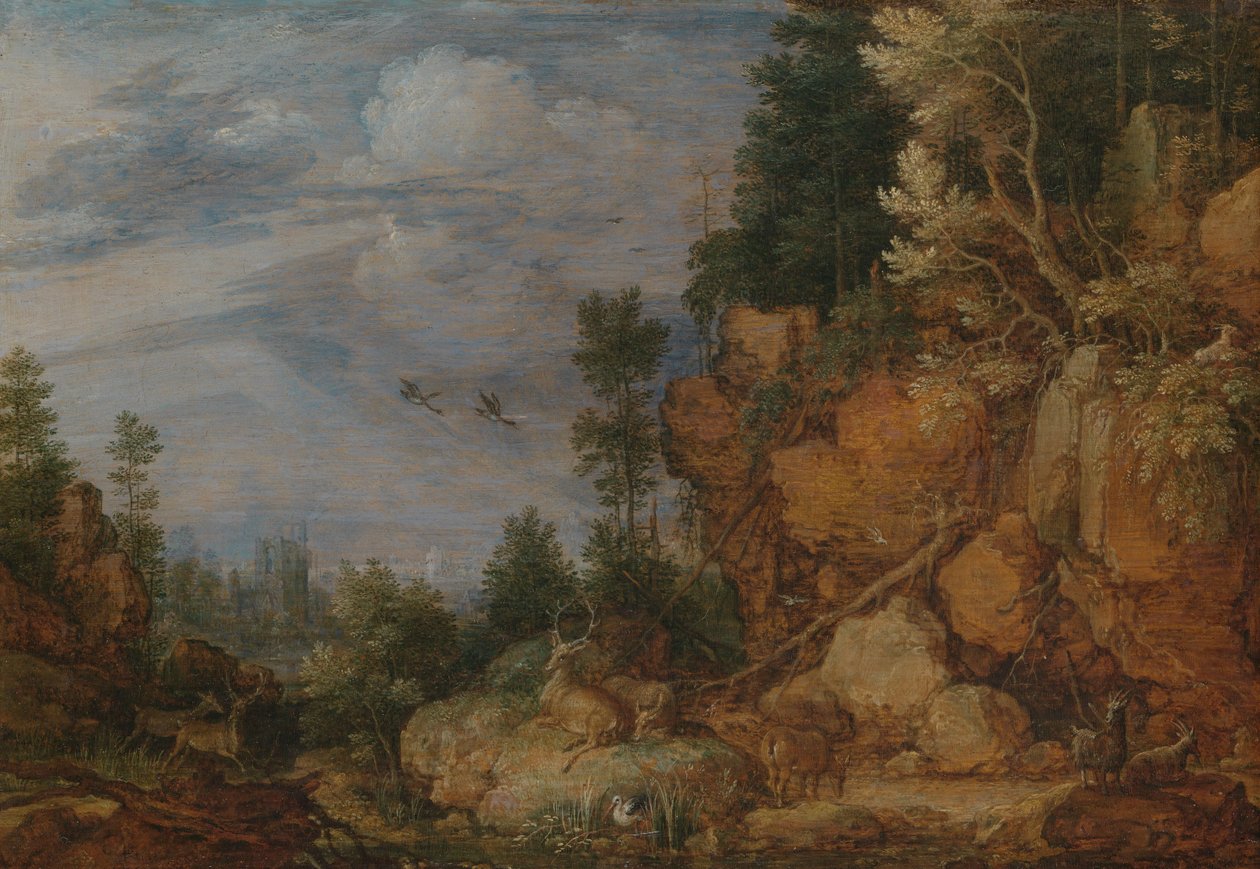 Skalnatá krajina s jeleny a kozami od Gillis Claesz de Hondecoeter